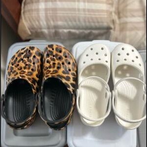 CROCS Leopard Print and White Clogs